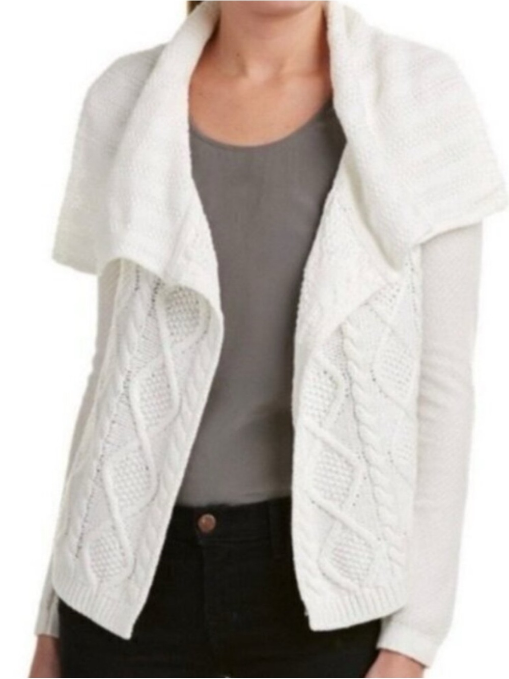 CAbi White Women’s Size Medium Cable Knit Draped Open-Front Cardigan Style 193